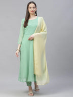 Jompers Women's Sea Green Embroidered Regular Sequinned Kurta with Trousers & Dupatta | Grocsy