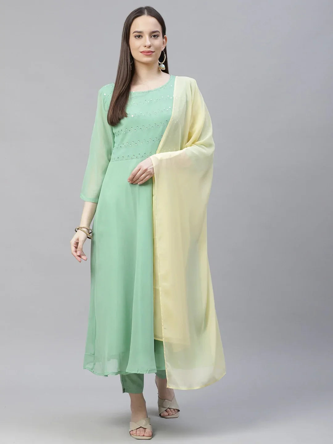 Jompers Women's Sea Green Embroidered Regular Sequinned Kurta with Trousers & Dupatta | Grocsy