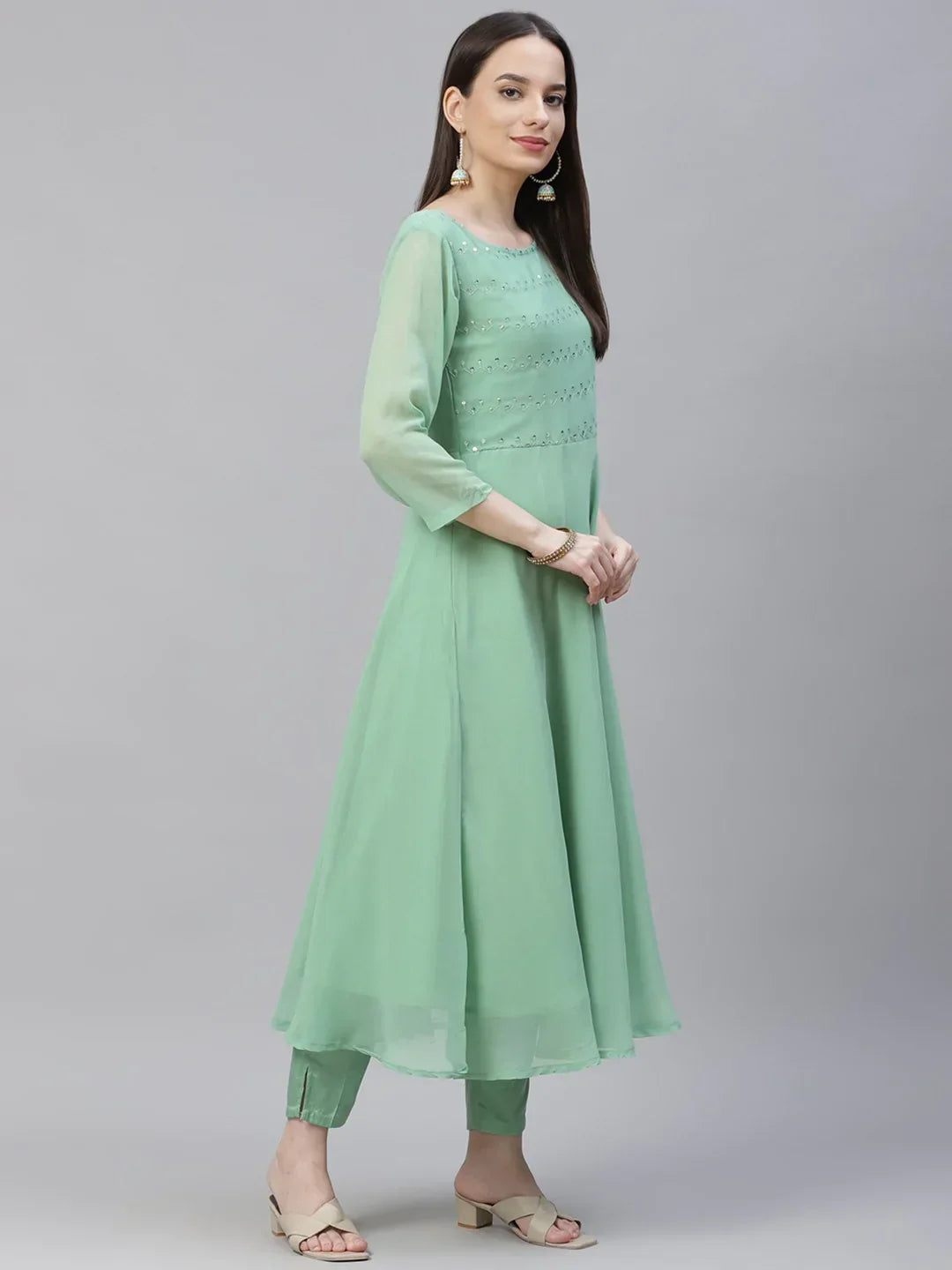 Jompers Women's Sea Green Embroidered Regular Sequinned Kurta with Trousers & Dupatta | Grocsy