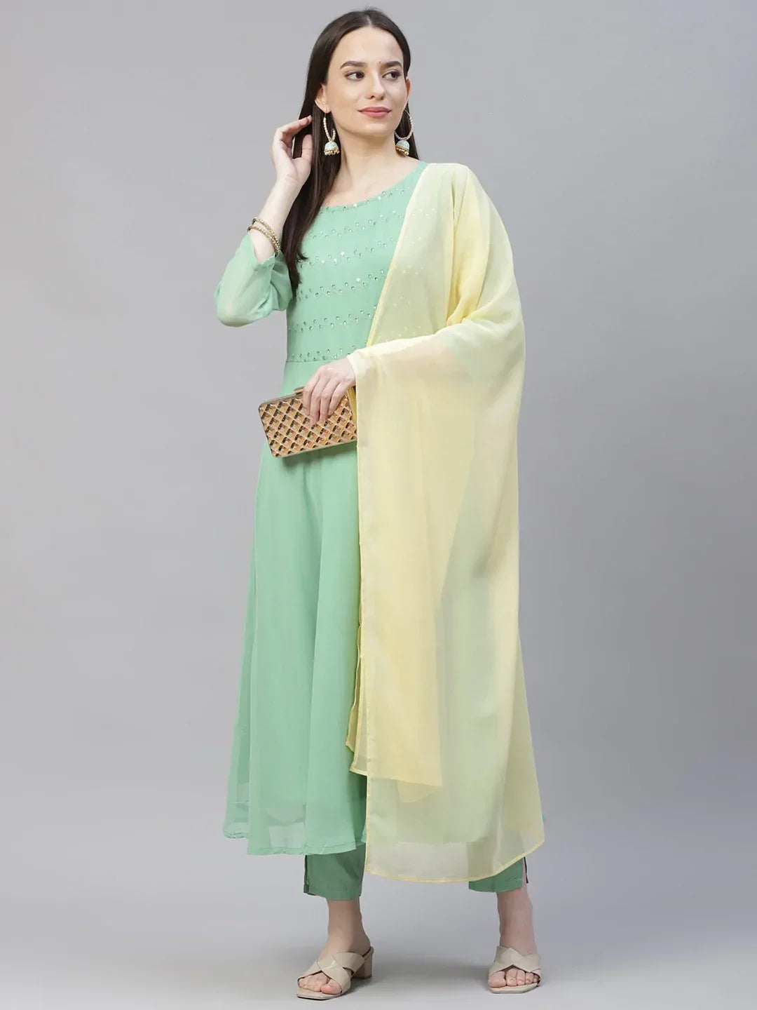 Jompers Women's Sea Green Embroidered Regular Sequinned Kurta with Trousers & Dupatta | Grocsy