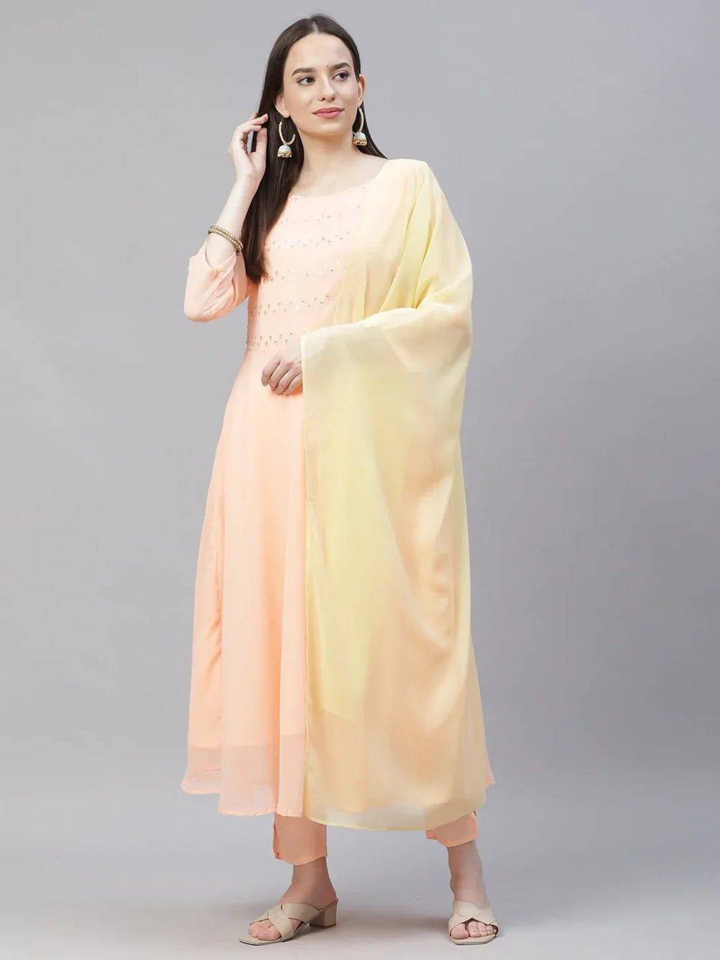 Jompers Women's Peach Embroidered Regular Sequinned Kurta with Trousers & Dupatta | Grocsy