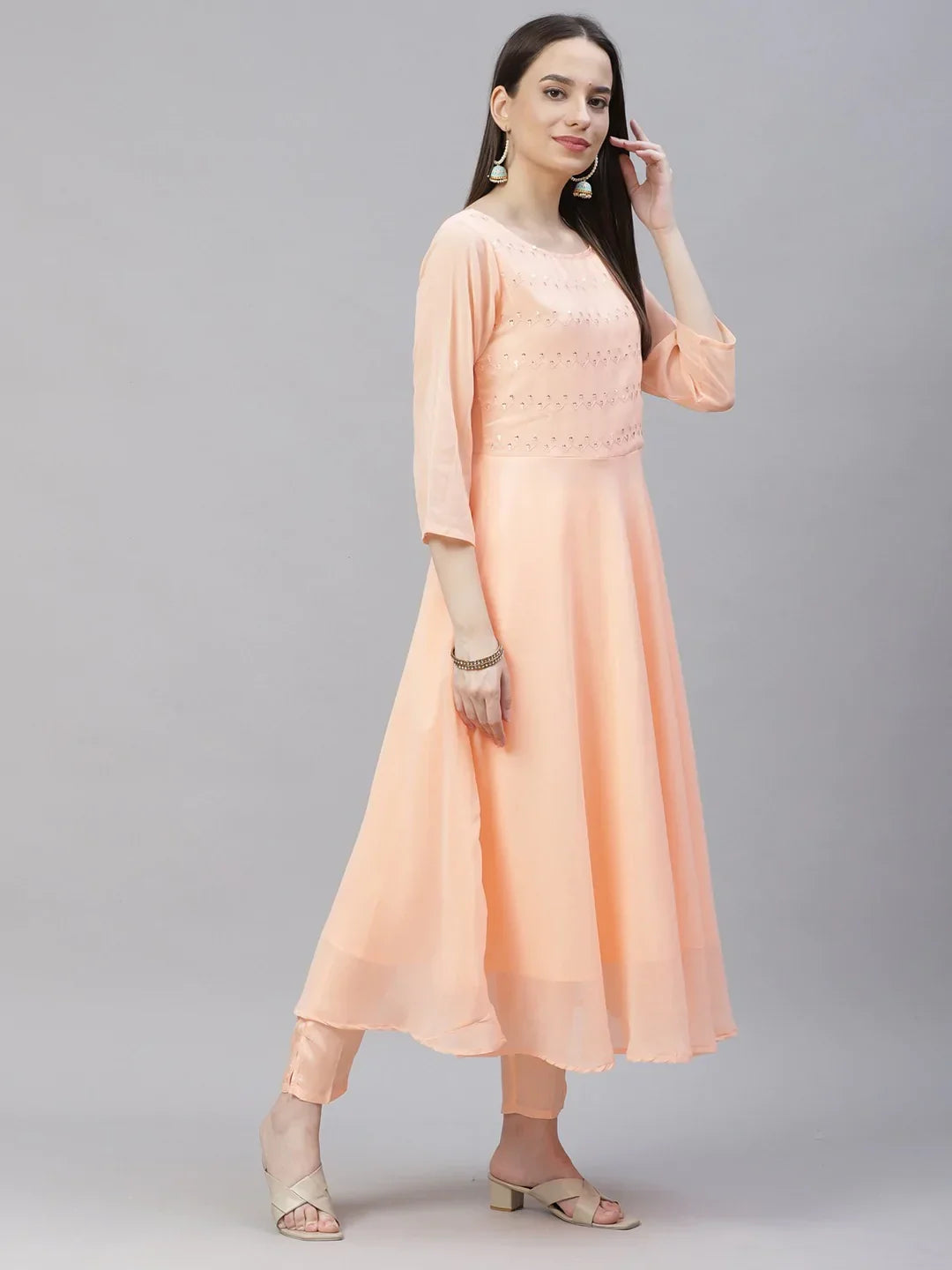 Jompers Women's Peach Embroidered Regular Sequinned Kurta with Trousers & Dupatta | Grocsy