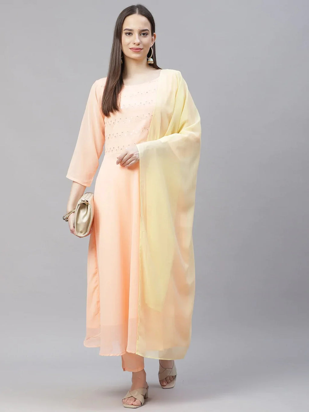 Jompers Women's Peach Embroidered Regular Sequinned Kurta with Trousers & Dupatta | Grocsy