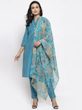 Jompers Women Blue & Green Self-Striped Kurta with Trousers & Printed Dupatta | Grocsy