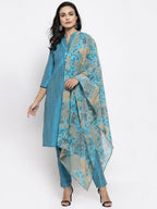 Jompers Women Blue & Green Self-Striped Kurta with Trousers & Printed Dupatta | Grocsy