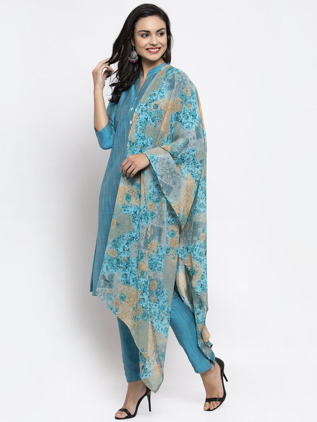 Jompers Women Blue & Green Self-Striped Kurta with Trousers & Printed Dupatta | Grocsy