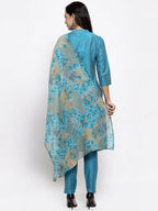 Jompers Women Blue & Green Self-Striped Kurta with Trousers & Printed Dupatta | Grocsy