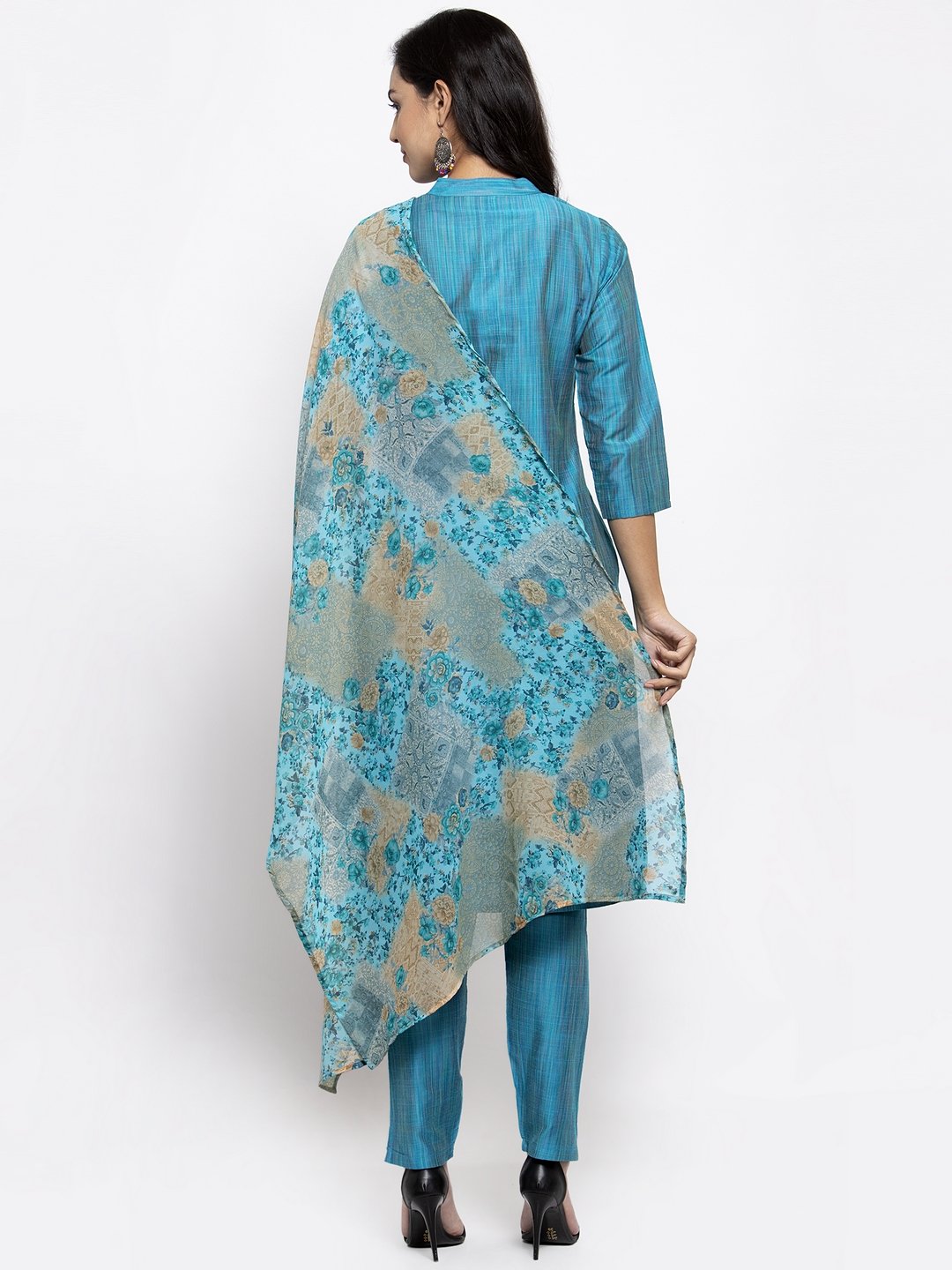 Jompers Women Blue & Green Self-Striped Kurta with Trousers & Printed Dupatta | Grocsy