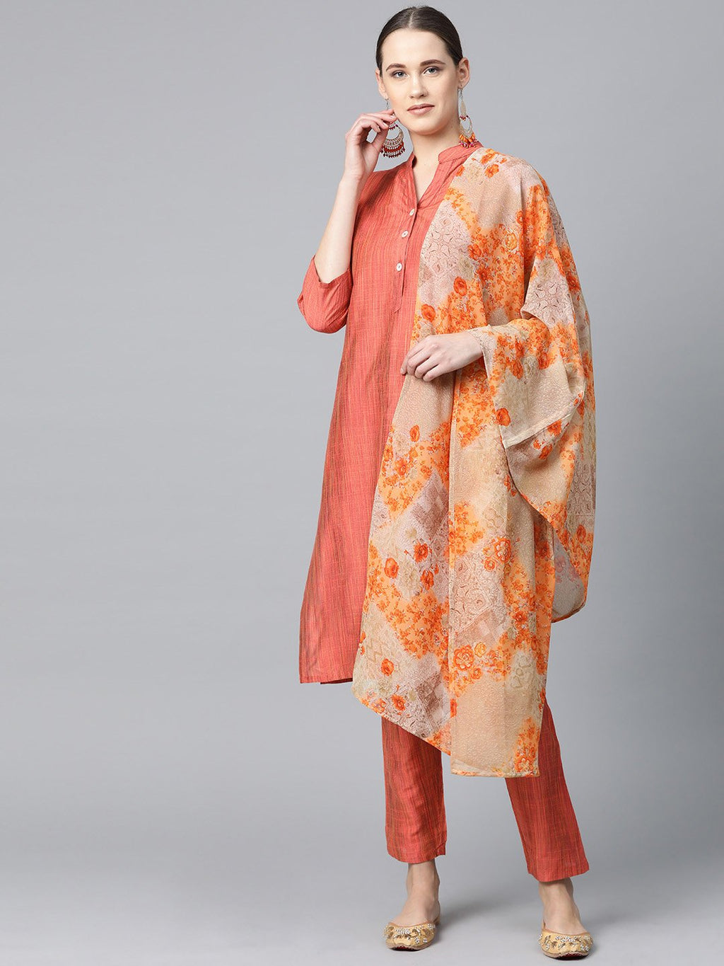Jompers Women Rust Orange & Beige Self-Striped Kurta with Trousers & Dupatta | Grocsy