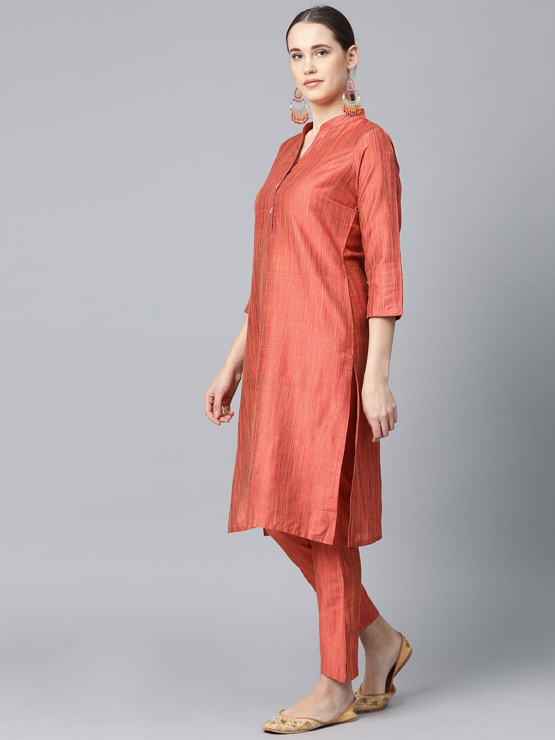 Jompers Women Rust Orange & Beige Self-Striped Kurta with Trousers & Dupatta | Grocsy