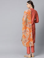 Jompers Women Rust Orange & Beige Self-Striped Kurta with Trousers & Dupatta | Grocsy