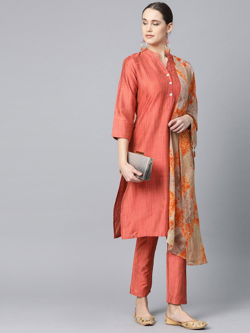 Jompers Women Rust Orange & Beige Self-Striped Kurta with Trousers & Dupatta | Grocsy