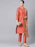 Jompers Women Rust Orange & Beige Self-Striped Kurta with Trousers & Dupatta | Grocsy