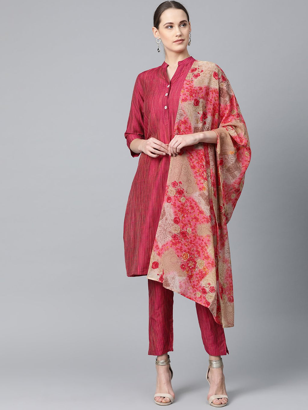 Jompers Women Pink & Beige Self-Striped Kurta with Trousers & Dupatta | Grocsy