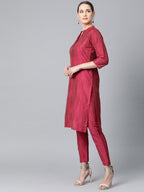Jompers Women Pink & Beige Self-Striped Kurta with Trousers & Dupatta | Grocsy