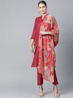 Jompers Women Pink & Beige Self-Striped Kurta with Trousers & Dupatta | Grocsy