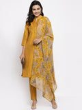 Jompers Women Yellow Self-Striped Kurta with Trousers & Floral Gorgette Dupatta | Grocsy