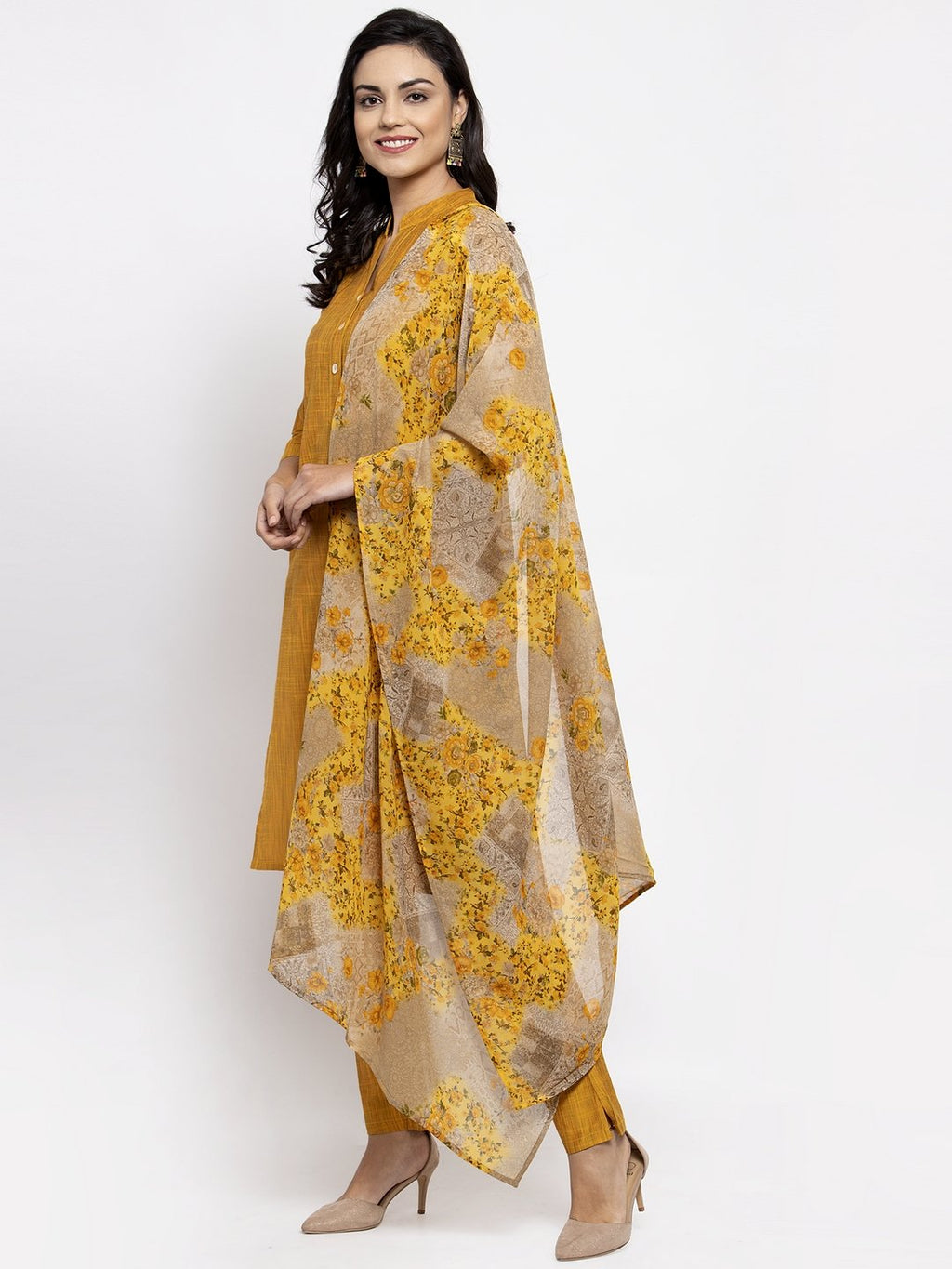 Jompers Women Yellow Self-Striped Kurta with Trousers & Floral Gorgette Dupatta | Grocsy