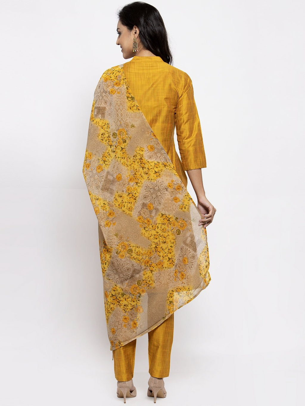 Jompers Women Yellow Self-Striped Kurta with Trousers & Floral Gorgette Dupatta | Grocsy