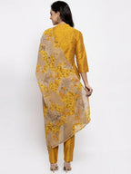 Jompers Women Yellow Self-Striped Kurta with Trousers & Floral Gorgette Dupatta | Grocsy