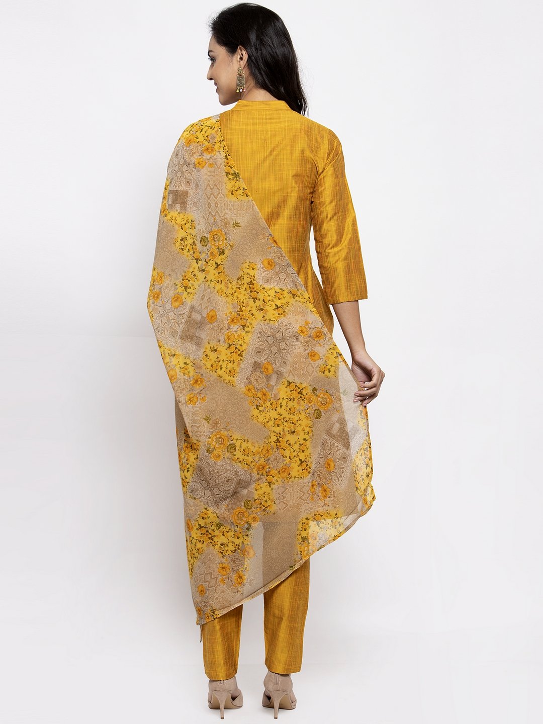 Jompers Women Yellow Self-Striped Kurta with Trousers & Floral Gorgette Dupatta | Grocsy