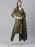 Jompers Women's Green Ethnic Motifs Printed Pure Cotton Kurta with Trousers & Dupatta | Grocsy