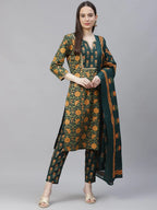 Jompers Women's Green Ethnic Motifs Printed Pure Cotton Kurta with Trousers & Dupatta | Grocsy
