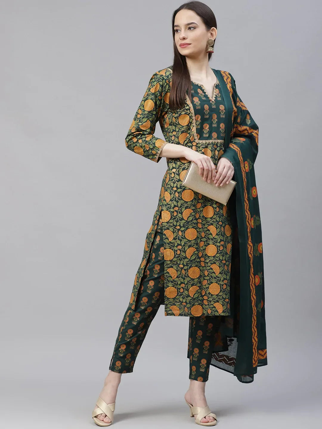Jompers Women's Green Ethnic Motifs Printed Pure Cotton Kurta with Trousers & Dupatta | Grocsy