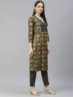 Jompers Women's Green Ethnic Motifs Printed Pure Cotton Kurta with Trousers & Dupatta | Grocsy