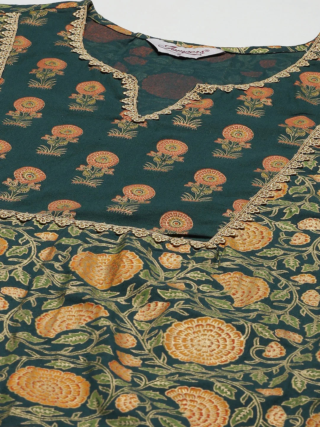 Jompers Women's Green Ethnic Motifs Printed Pure Cotton Kurta with Trousers & Dupatta | Grocsy