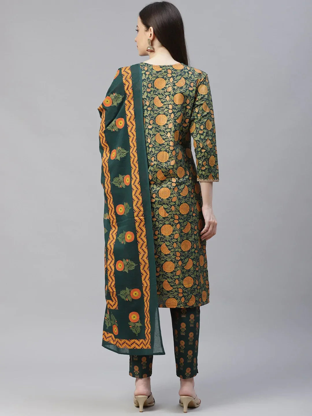 Jompers Women's Green Ethnic Motifs Printed Pure Cotton Kurta with Trousers & Dupatta | Grocsy