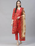 Jompers Women's Red Ethnic Motifs Printed Regular Pure Cotton Kurta with Trousers & Dupatta | Grocsy