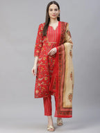Jompers Women's Red Ethnic Motifs Printed Regular Pure Cotton Kurta with Trousers & Dupatta | Grocsy