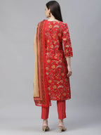 Jompers Women's Red Ethnic Motifs Printed Regular Pure Cotton Kurta with Trousers & Dupatta | Grocsy