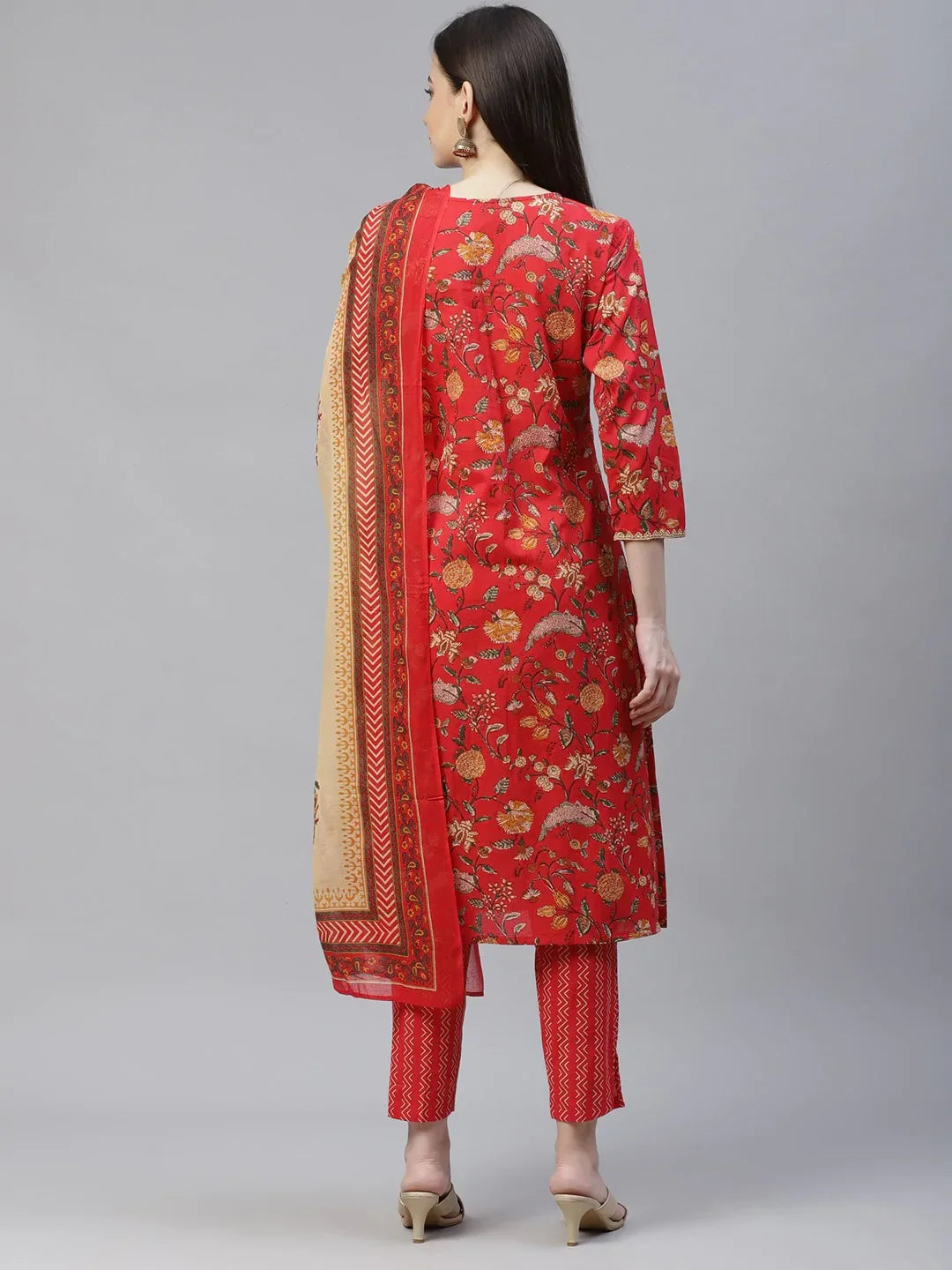 Jompers Women's Red Ethnic Motifs Printed Regular Pure Cotton Kurta with Trousers & Dupatta | Grocsy