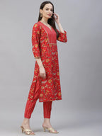 Jompers Women's Red Ethnic Motifs Printed Regular Pure Cotton Kurta with Trousers & Dupatta | Grocsy