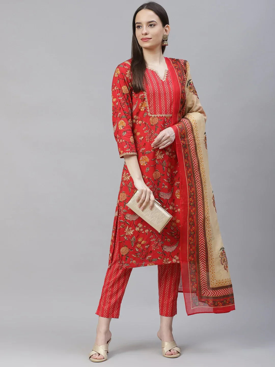 Jompers Women's Red Ethnic Motifs Printed Regular Pure Cotton Kurta with Trousers & Dupatta | Grocsy