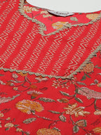 Jompers Women's Red Ethnic Motifs Printed Regular Pure Cotton Kurta with Trousers & Dupatta | Grocsy