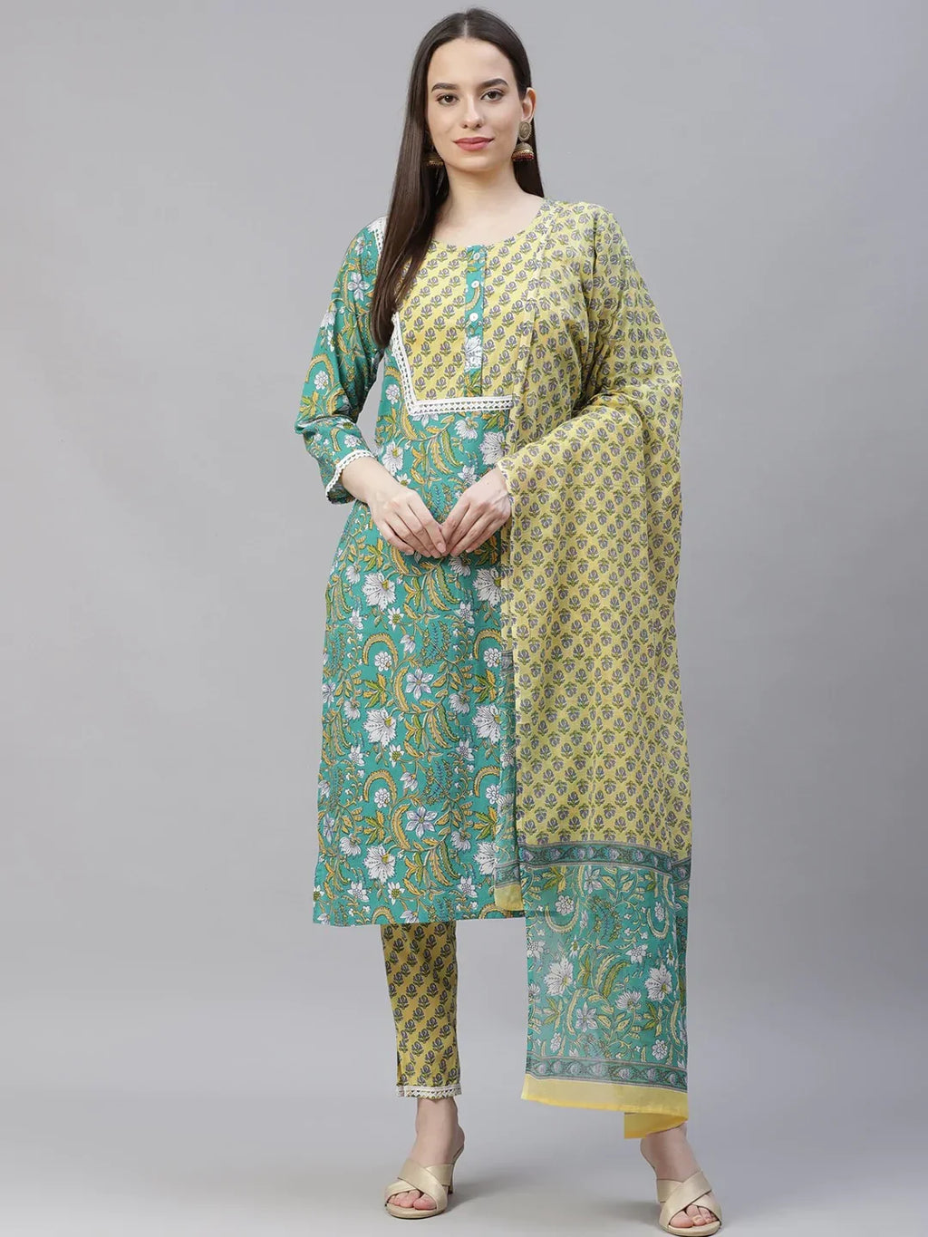 Jompers Women's Green Ethnic Motifs Printed Pure Cotton Kurta with Trousers & Dupatta | Grocsy