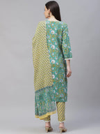 Jompers Women's Green Ethnic Motifs Printed Pure Cotton Kurta with Trousers & Dupatta | Grocsy
