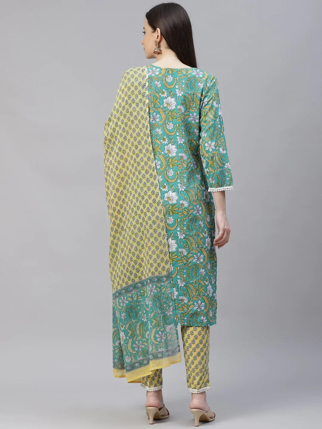 Jompers Women's Green Ethnic Motifs Printed Pure Cotton Kurta with Trousers & Dupatta | Grocsy