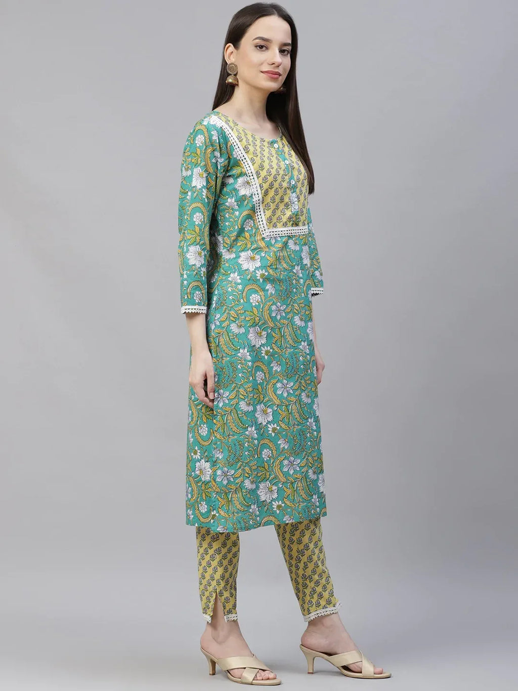 Jompers Women's Green Ethnic Motifs Printed Pure Cotton Kurta with Trousers & Dupatta | Grocsy