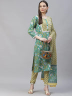 Jompers Women's Green Ethnic Motifs Printed Pure Cotton Kurta with Trousers & Dupatta | Grocsy