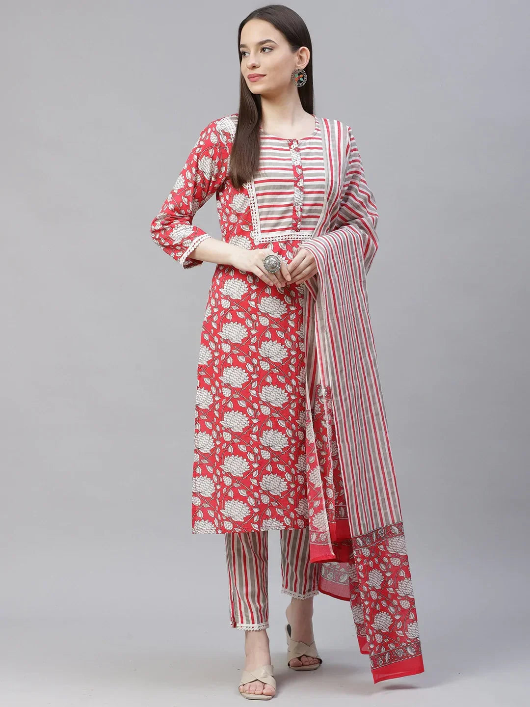 Jompers Women's Red & Off-White Ethnic Motifs Printed Kurta with Trousers & Dupatta | Grocsy