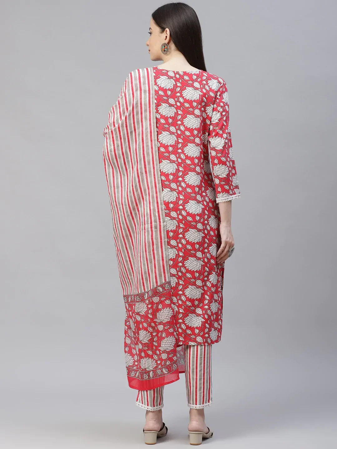 Jompers Women's Red & Off-White Ethnic Motifs Printed Kurta with Trousers & Dupatta | Grocsy