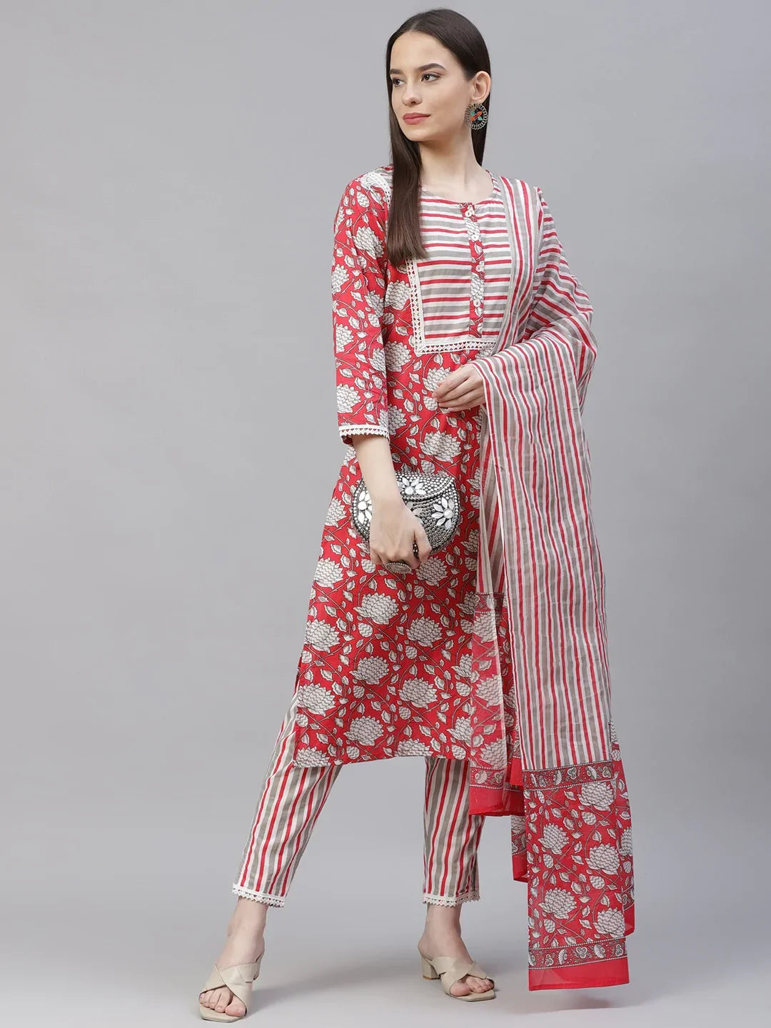 Jompers Women's Red & Off-White Ethnic Motifs Printed Kurta with Trousers & Dupatta | Grocsy