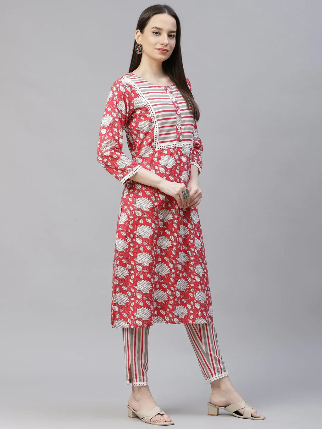 Jompers Women's Red & Off-White Ethnic Motifs Printed Kurta with Trousers & Dupatta | Grocsy