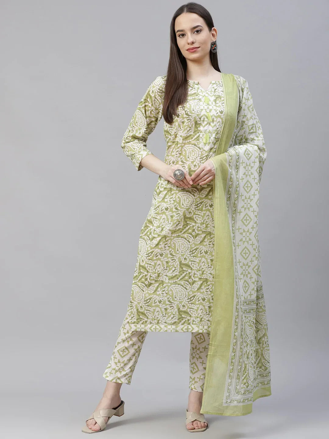 Jompers Women's Green Ethnic Motifs Printed Pure Cotton Kurta with Trousers & Dupatta | Grocsy