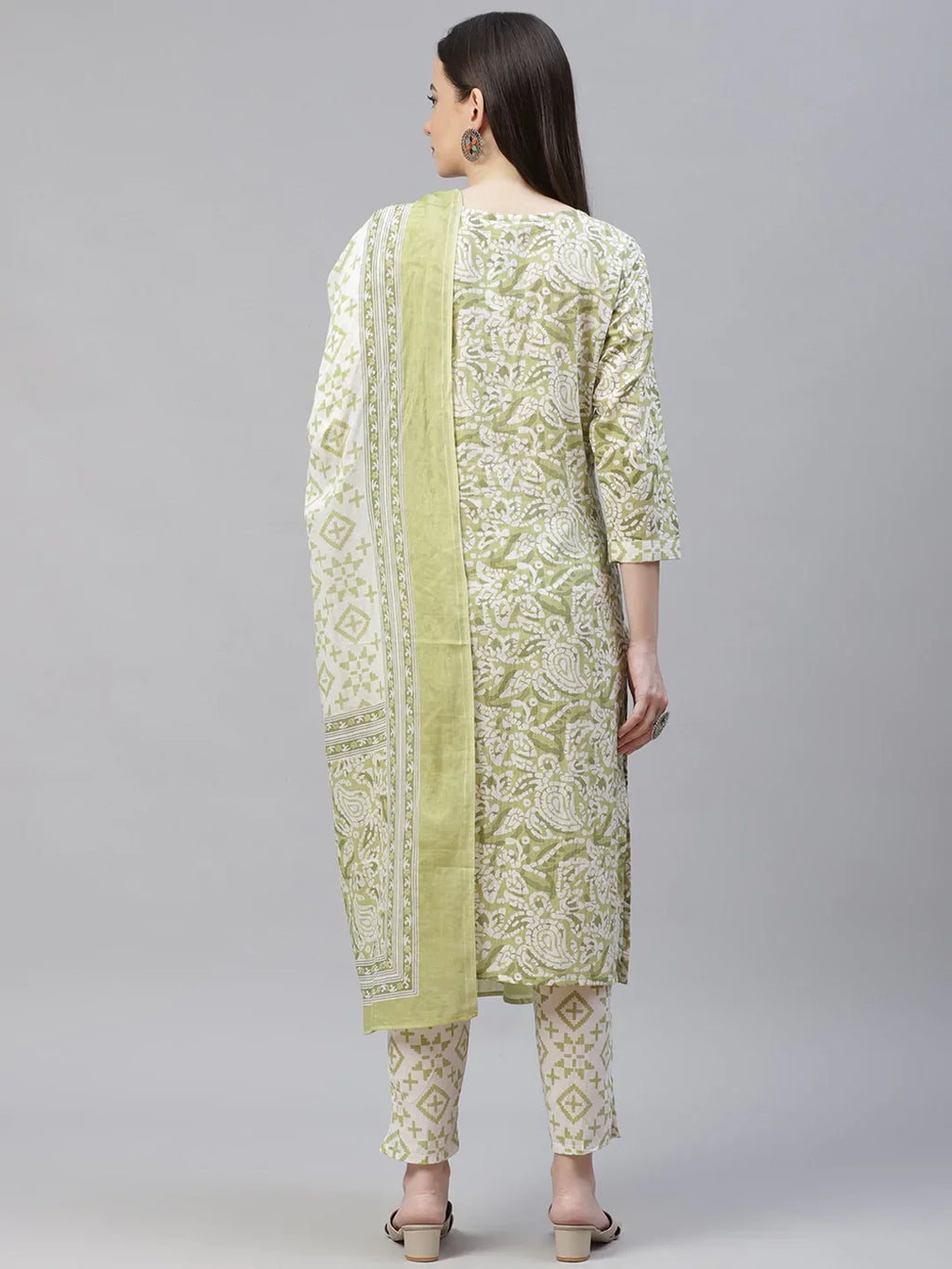 Jompers Women's Green Ethnic Motifs Printed Pure Cotton Kurta with Trousers & Dupatta | Grocsy