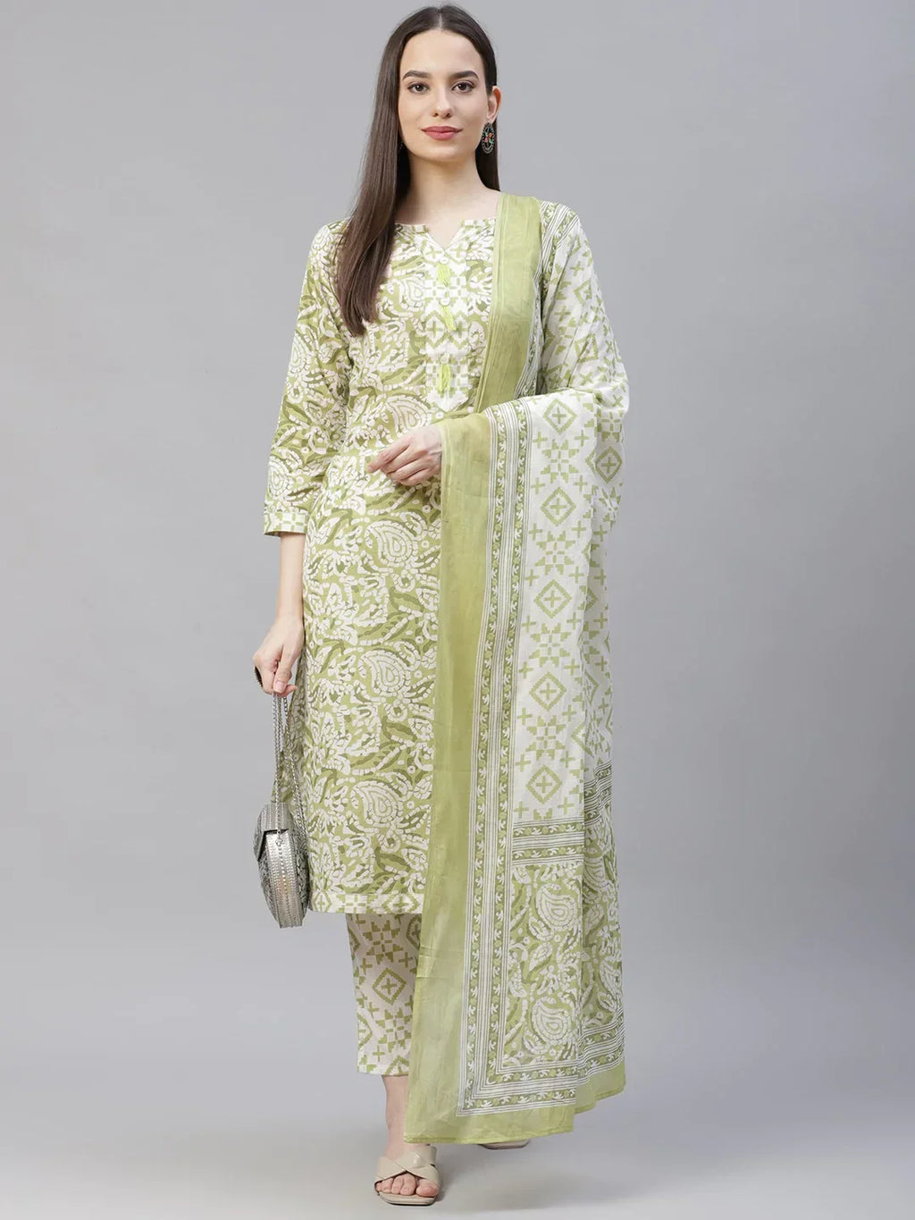 Jompers Women's Green Ethnic Motifs Printed Pure Cotton Kurta with Trousers & Dupatta | Grocsy